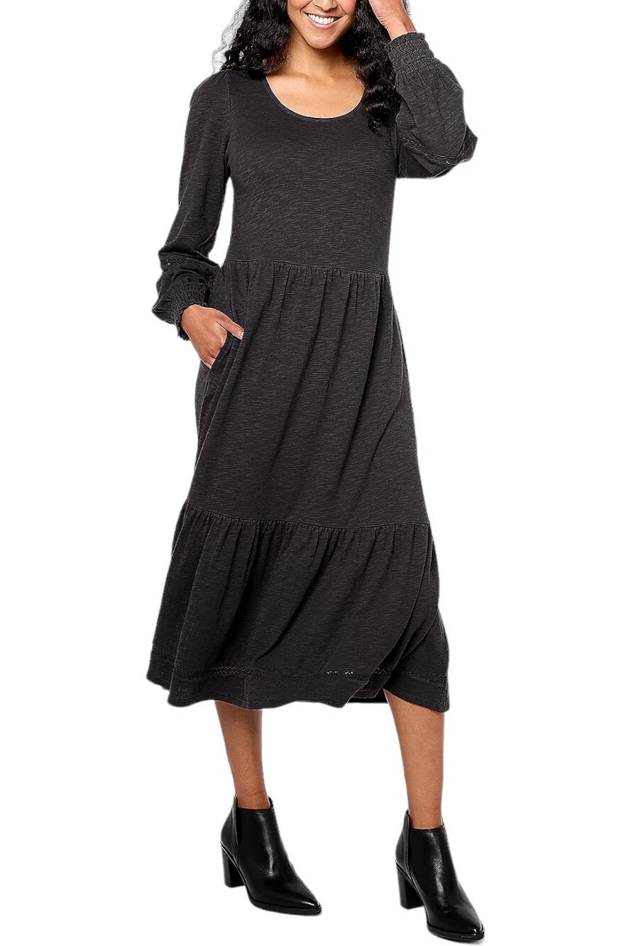 Denim & Co Canyon Retreat Dress Midi Washed Black 1X Pockets